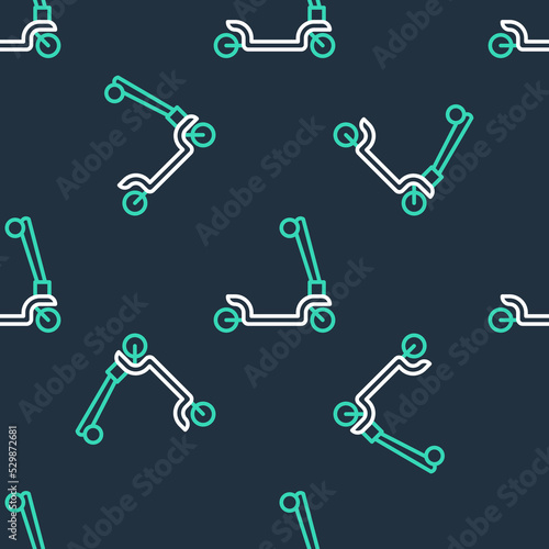 Line Roller scooter for children icon isolated seamless pattern on black background. Kick scooter or balance bike. Vector