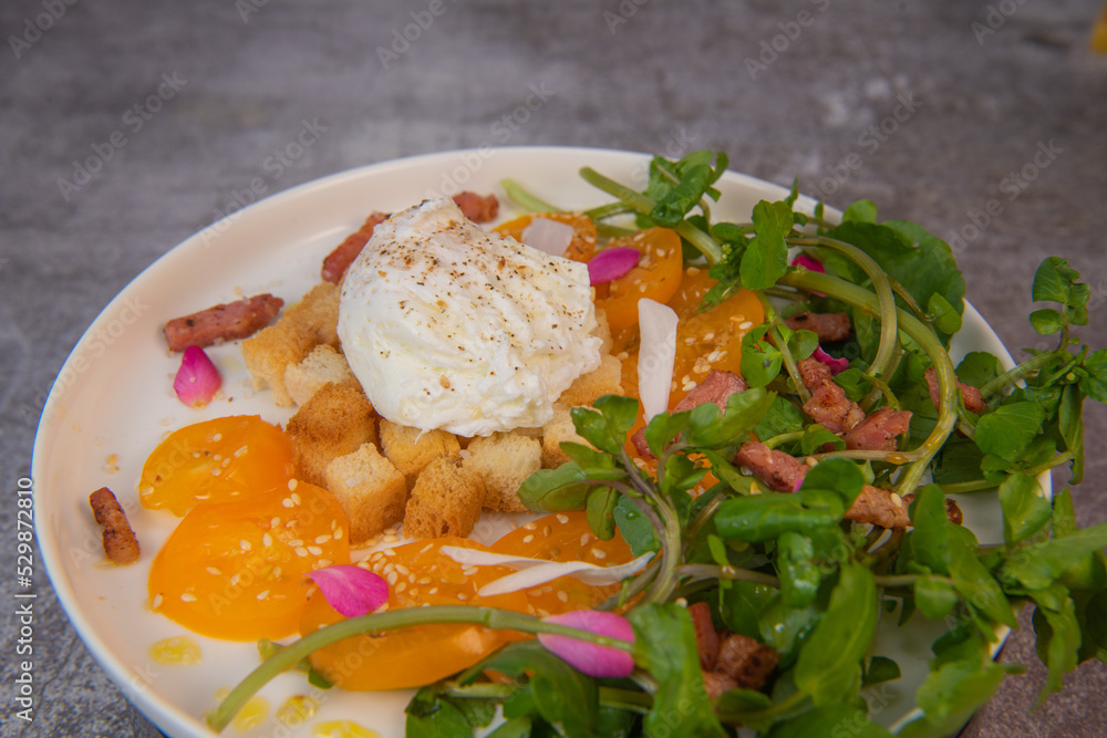 Recipe Poached Eggs, Watercress Salad, Tomatoes and Croutons, Raspberry Vinegar, High quality photo Recipe Poached Eggs, Watercress Salad, Tomatoes and Croutons, Raspberry Vinegar, High quality photo