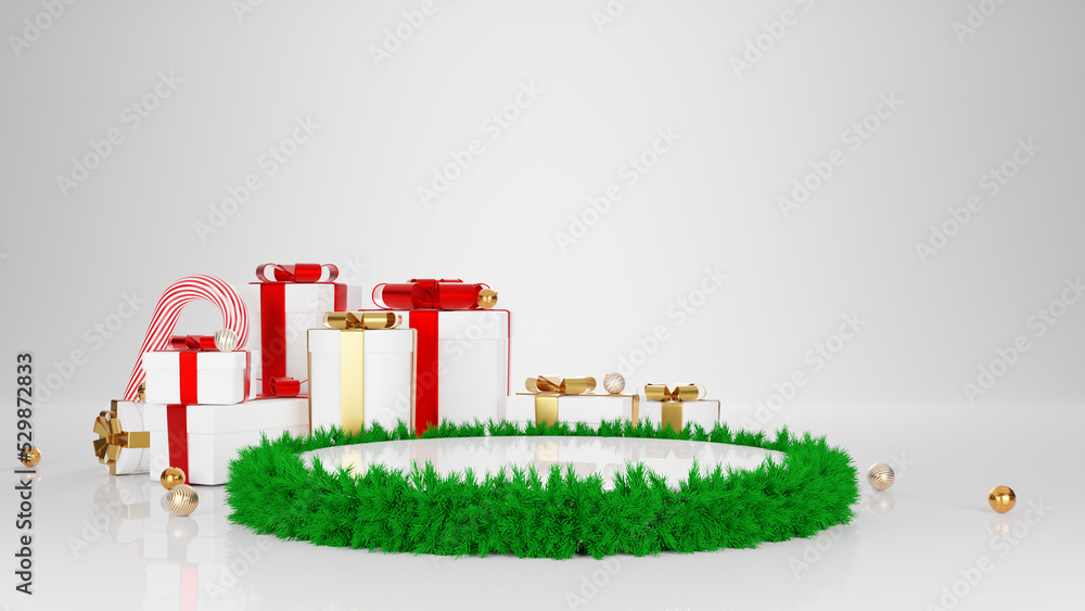3D rendering of Christmas Product podium display decorated with Gift boxes, Candy canes and balls in the white background.