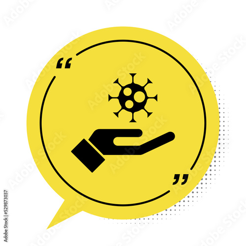 Black Hand with virus icon isolated on white background. Corona virus 2019-nCoV. Bacteria and germs, cell cancer, microbe, fungi. Yellow speech bubble symbol. Vector.