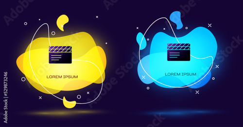 Black Movie clapper icon isolated on black background. Film clapper board. Clapperboard sign. Cinema production or media industry. Abstract banner with liquid shapes. Vector