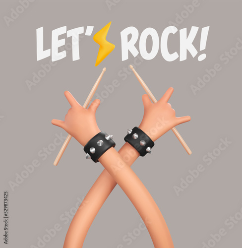 Rockstar drummer with horn sign drumsticks music vector illustration. 3d cartoon ui hero rock or heavy metal hands sign music festival banner template 