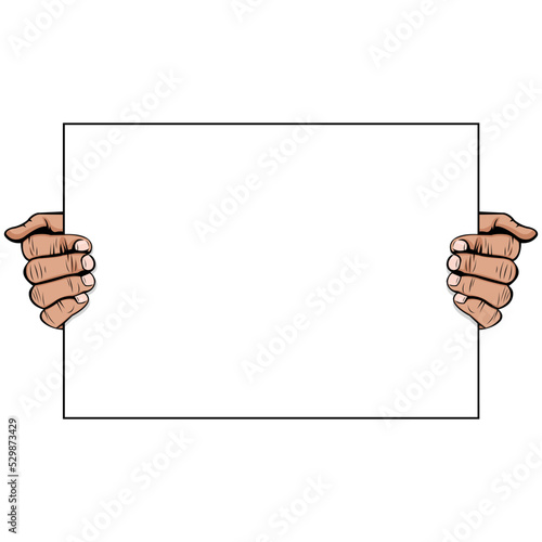 Simple vector illustration of hands holding a blank paper. Two hands. Five finger. Body part. Human anatomy. The activist. Mass demonstration. Protest action. Reveal something. Important announcement.