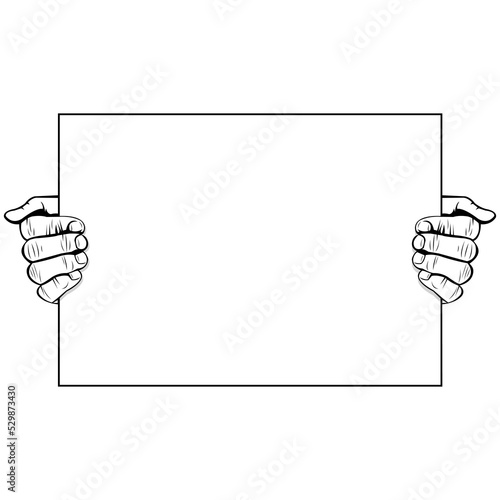 Simple black and white vector illustration of hands holding a blank paper. Two hands. Five finger. Body part. Human anatomy. The activist. Mass demonstration. Protest action. Reveal something. Importa
