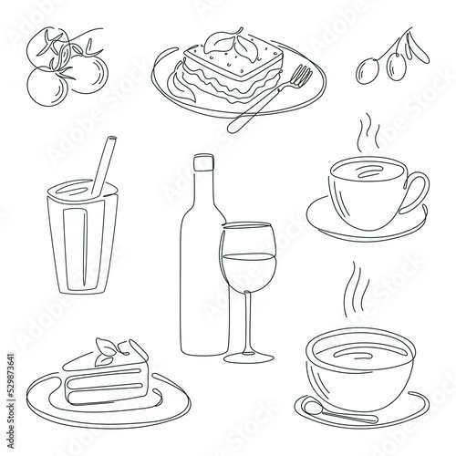Set of isolated food vector illustrations in line art style with endless line.