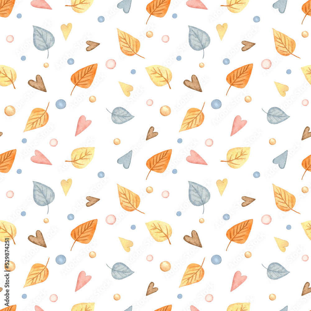 Watercolor pattern seamless with cute simple autumn leaves. Chaldren tiny background. Pastel colors Watercolor pattern seamless with cute simple autumn leaves. Chaldren tiny background. Pastel colors