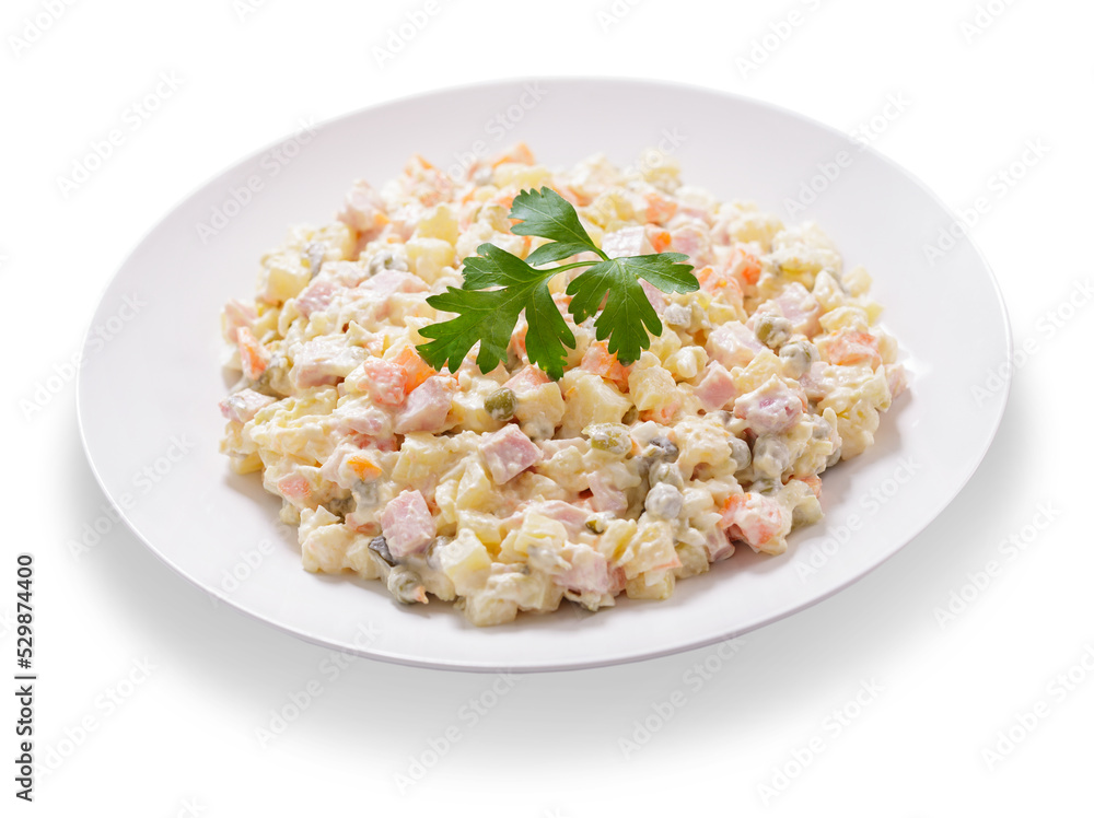 plate of russian salad olivier on white background plate of russian salad olivier on white background