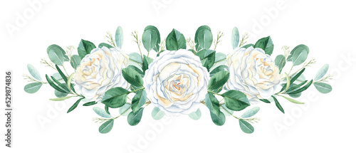 Watercolor rustic wedding garland bouquet isolated on white background. Creamy white roses buttons, leaves, eucalyptus and olives branches. Hand drawn botanical illustration. Can be used for wedding