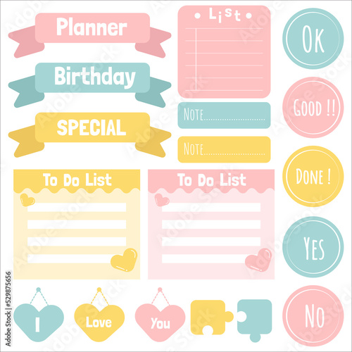 Cute paper notes. Stationary set. Scrapbook notes and cards.Printable planner stickers. To Do List note. Template for your message. Decorative planning element. Vector illustration.