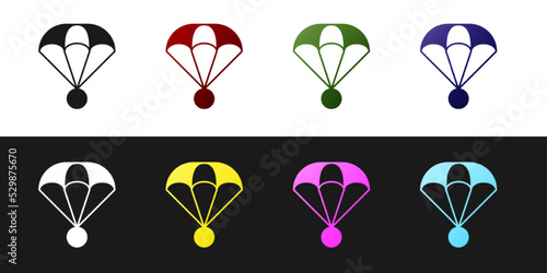 Set Parachute icon isolated on black and white background. Extreme sport. Sport equipment. Vector
