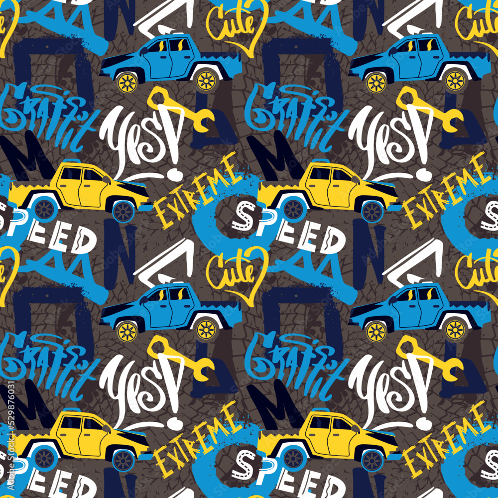 Fototapeta premium Abstract seamless cars pattern for boy on background. Childish style wheel auto repeated backdrop