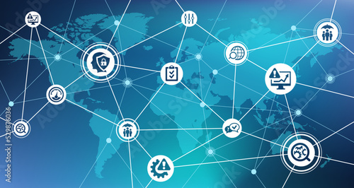 Global risk assessment and risk management vector illustration. Blue concept with icons related to international security strategy, hazard prevention & monitoring, worldwide impact assessment.