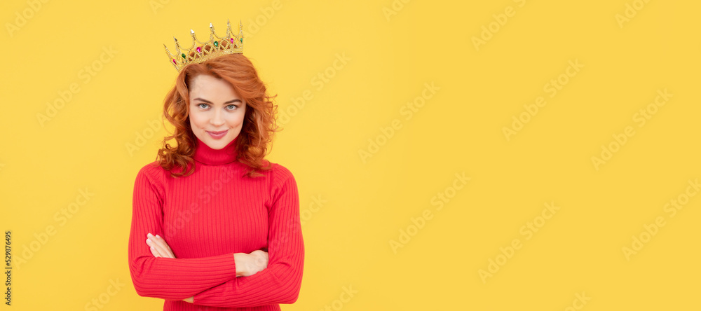 Woman isolated face portrait, banner with copy space. happy redhead woman in crown. self confident queen. expressing smug. arrogant princess. Woman isolated face portrait, banner with copy space. happy redhead woman in crown. self confident queen. expressing smug. arrogant princess.