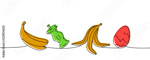 Set of organic trash one line colored continuous drawing. Peel of banana, apple stub, egg shell continuous one line colorful set illustration.
