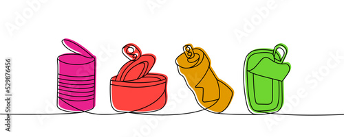 Set of Aluminium cans one line colored continuous drawing. Metal waste, tin can continuous one line colorful set illustration.