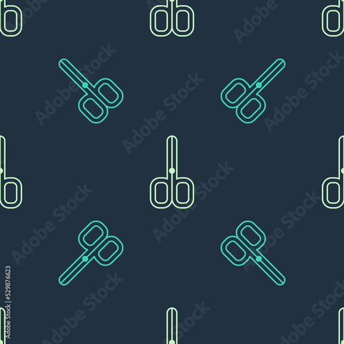 Green and beige Nail scissors icon isolated seamless pattern on blue background. Manicure and pedicure scissors. Vector