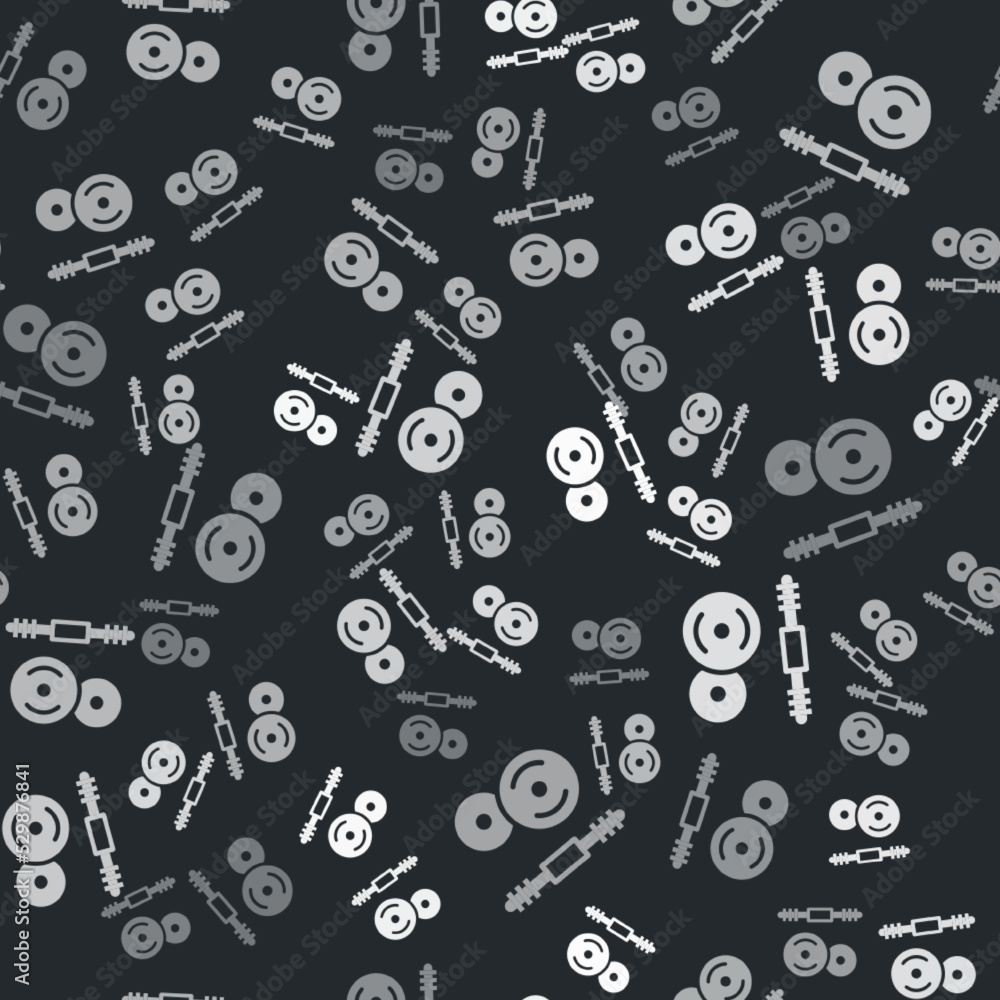 Grey Barbell icon isolated seamless pattern on black background. Muscle lifting icon, fitness barbell, gym, sports equipment, exercise bumbbell. Vector Grey Barbell icon isolated seamless pattern on black background. Muscle lifting icon, fitness barbell, gym, sports equipment, exercise bumbbell. Vector