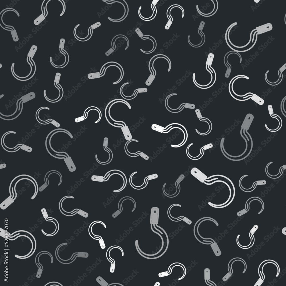 Grey Sickle icon isolated seamless pattern on black background. Reaping hook sign. Vector Grey Sickle icon isolated seamless pattern on black background. Reaping hook sign. Vector