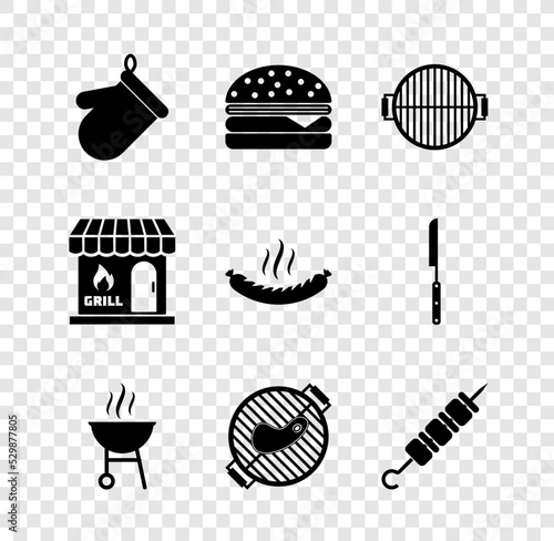 Set Oven glove, Burger, Barbecue grill, with steak, Grilled shish kebab, shopping building and Sausage icon. Vector
