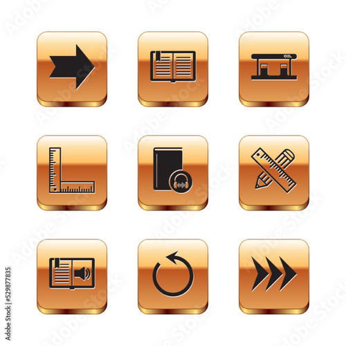 Set Arrow, Audio book, Refresh, Folding ruler, Gas filling station, and Open icon. Vector