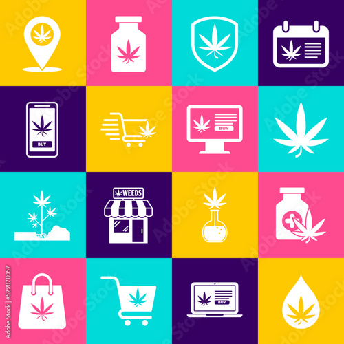 Set Marijuana or cannabis leaf oil, Medical bottle with marijuana, Shield and, Shopping cart, Online buying, Location and icon. Vector