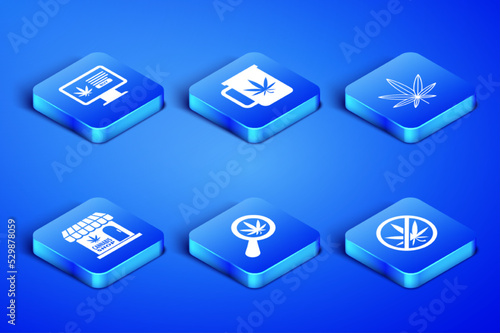 Set Stop marijuana, Online buying, Magnifying glass and, Marijuana cannabis store, Cup tea with and leaf icon. Vector