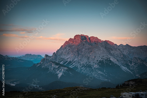 The mountains of the Cadini Group at sunrise at the Drei Zinnen H  tte in the Dolomites in South Tyrol  Italy.