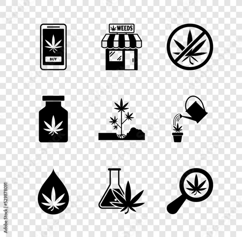 Set Online buying marijuana, Marijuana and cannabis store, Stop, leaf oil, Test tube with, Magnifying glass, Medical bottle and Planting icon. Vector