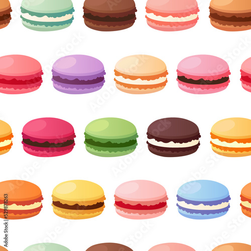 Colorful macarons seamless pattern. Sweet french macaroons isolated on white background. Vector illustration in flat style.