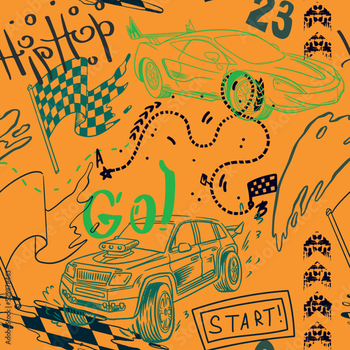 Abstract seamless cars pattern for boy on background. Childish style wheel auto repeated backdrop