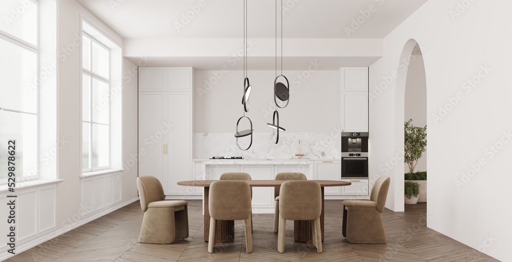 Minimalist white kitchen interior design with sink, furniture, utensils ...