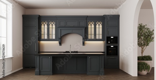 Fototapeta Naklejka Na Ścianę i Meble -  Classic dark blue kitchen interior design with sink, furniture, utensils and decor. Kitchen island. Hallway with arch door wall design. Tree in a pot, decor. 3d rendering 
