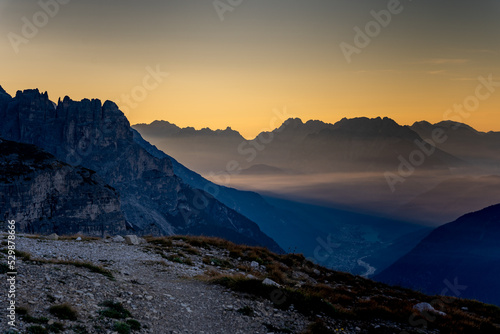 Rifugio Auronzo at sunrise Hiking trail to the Drei Zinnen Hütte in the Dolomites in South Tyrol, Italy. © CreativeImage