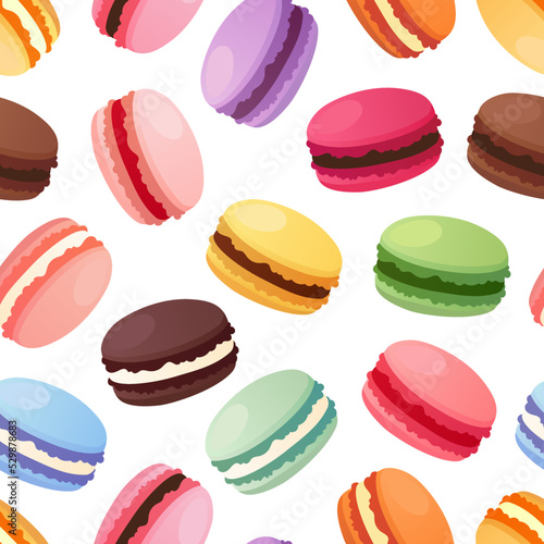 Colorful macarons seamless pattern. Sweet french macaroons isolated on white background. Vector illustration in flat style.