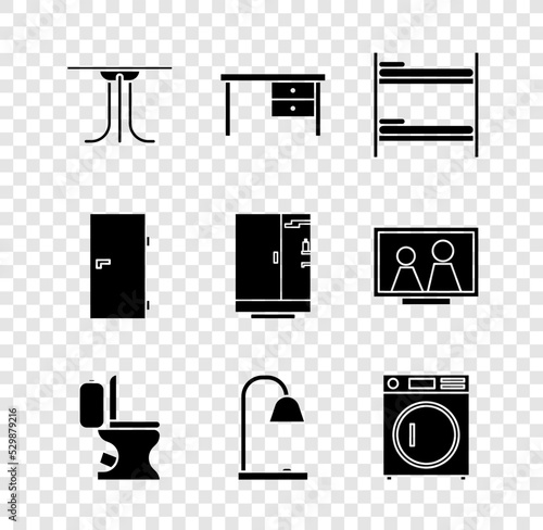Set Round table, Office desk, Bunk bed, Toilet bowl, Table lamp, Washer, Closed door and Shower cabin icon. Vector