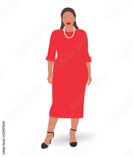 Elegant well dressed woman silhouette, lady wears red dress and pearl necklace