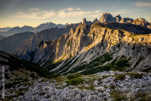 Rifugio Auronzo at sunrise Hiking trail to the Drei Zinnen H  tte in the Dolomites in South Tyrol  Italy.