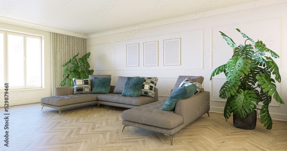 Wnętrze domu, mock-up z białymi ścianami i ozdobnymi sztukateriami. Dębowa klasyczna podłoga. Sofa, fotele i rośliny ozdobne. 3d rendering - obrazy, fototapety, plakaty 