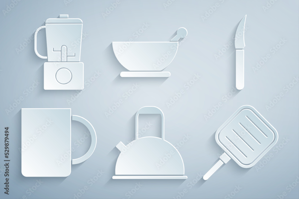 Set Kettle with handle, Knife, Coffee cup, Frying pan, Mortar pestle and Blender icon. Vector Set Kettle with handle, Knife, Coffee cup, Frying pan, Mortar pestle and Blender icon. Vector