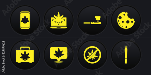 Set Shopping box of marijuana, Cookies with, Location and cannabis, Stop or leaf, Smoking pipe, Laptop, Marijuana joint and Mobile icon. Vector