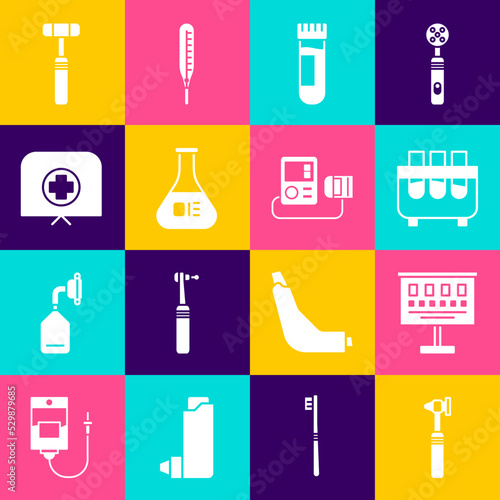 Set Medical otoscope tool, Eye test chart, Test tube and flask, with blood, Nurse hat cross, Neurology reflex hammer and Blood pressure icon. Vector