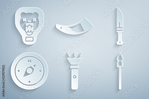 Set Flashlight, Hunter knife, Compass, Medieval spear, Hunting horn and Bear head on shield icon. Vector
