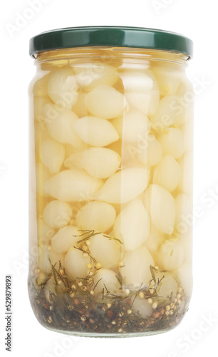 Jar of preserved small onions pickle. Healthy onion food in glass concept