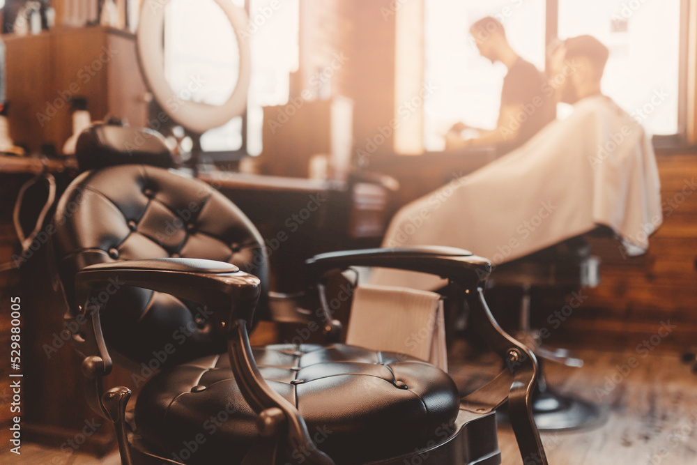 Modern hairdresser and hair salon, barber shop for men. Barbershop armchair  vintage color background Stock-Foto | Adobe Stock