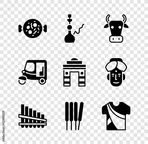 Set Chicken tikka masala, Hookah, Cow, Pan flute, Aroma sticks, incense, Indian man dress, Taxi tuk tuk and Gate Delhi icon. Vector