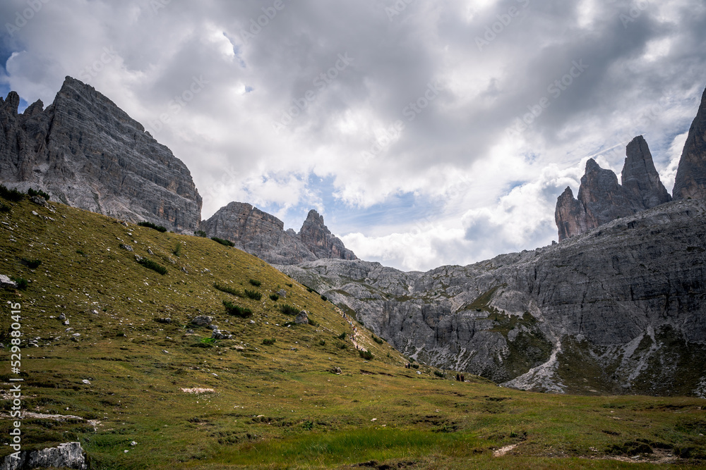 Dolomites mountain range of the Alps Hiking trail to the Drei Zinnen in the Dolomites in South Tyrol, Italy.