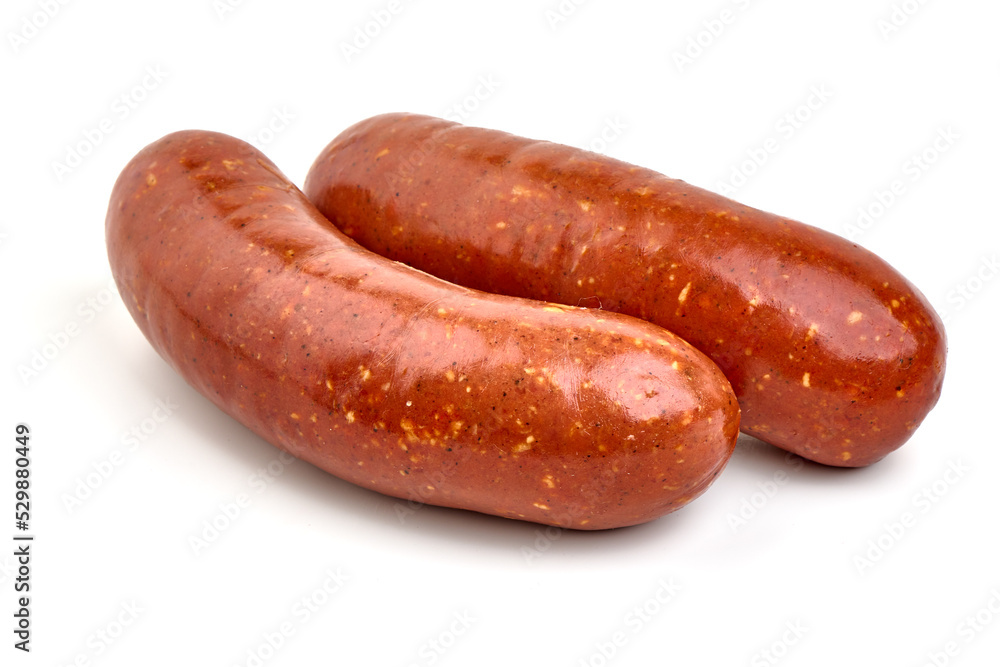 Smoked sausages, isolated on white background. Smoked sausages, isolated on white background.