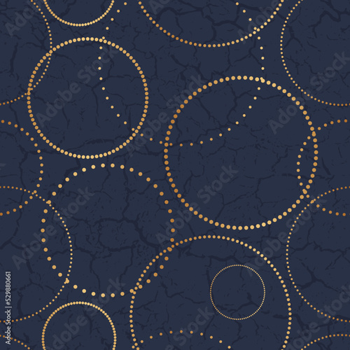 Marble seamless pattern. Reflected circle background. Gold geometric design for prints. Reflecting geometry patern. Elegant golden printing. Repeat blue printed. Abstract circles. Vector illustration