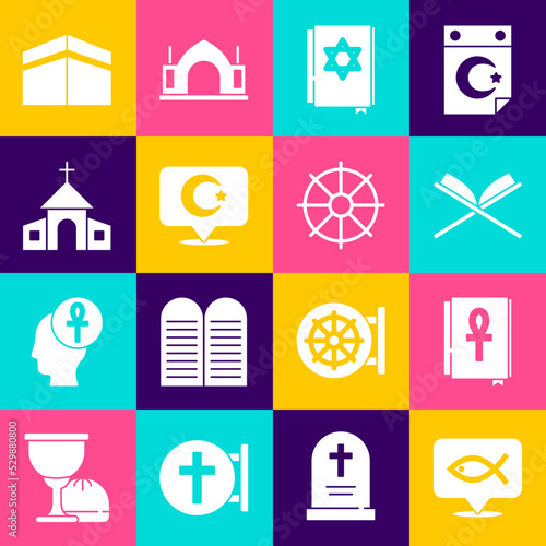 Set Christian fish, Cross ankh book, Holy of Koran, Jewish torah, Star and crescent, Church building, Kaaba mosque and Dharma wheel icon. Vector