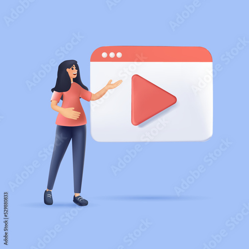 Young woman character blogger, online learning, 3D render lectures and training in internet. 3d vector people character